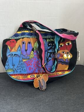 Laurel Burch Dogs Doggies Shoulder Bag Purse Beaded Handles Colorful Canvas Tag